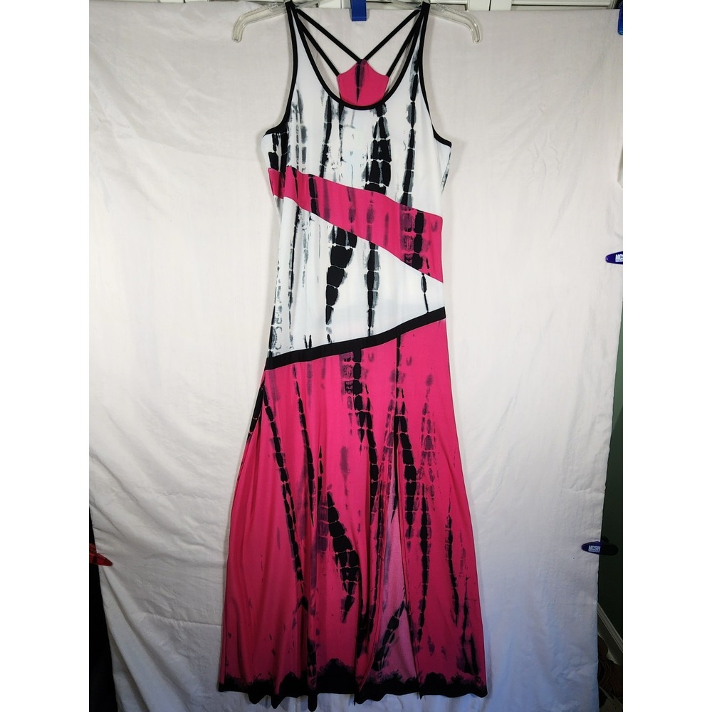 Womens L Pink Black White Tie Dye Strappy Maxi Dress Y2K Party Festival Rave NWT